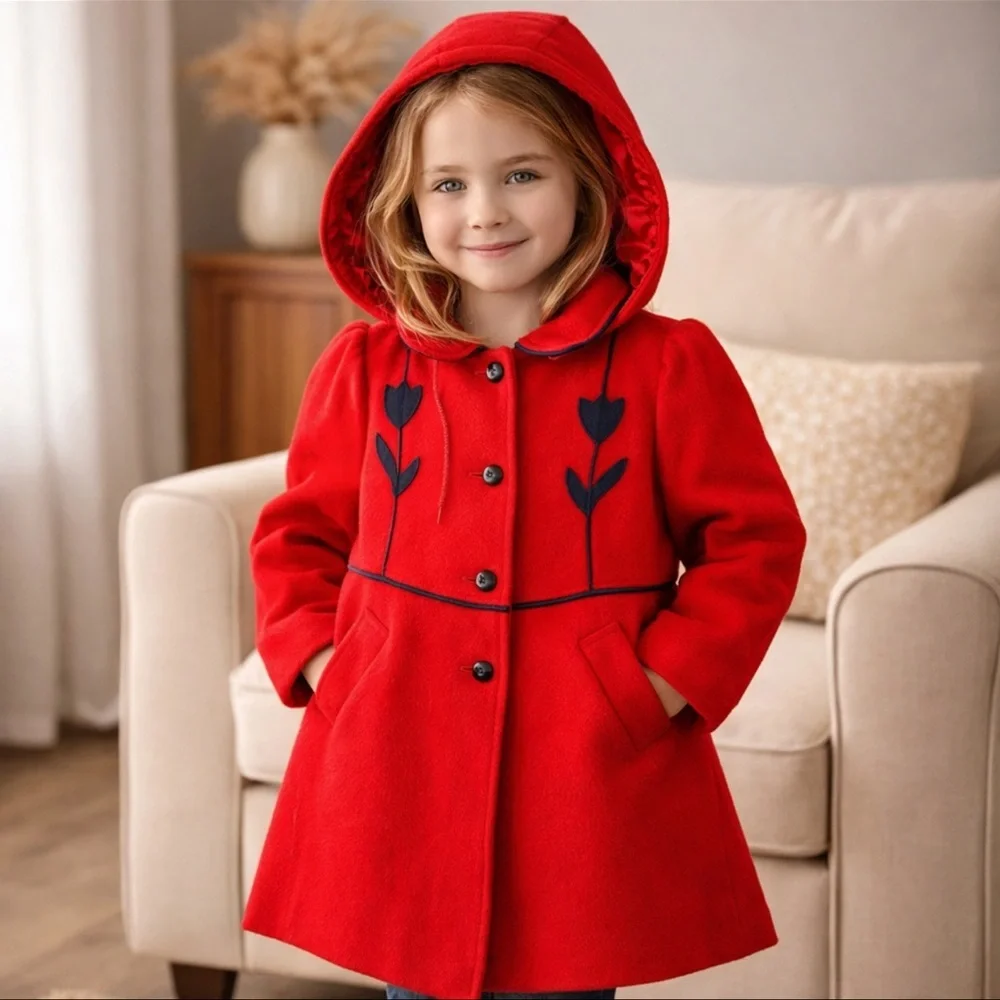 📌Red Wool Girls Hooded Coat Size 6 Classic Winter Dress Coat USA Made